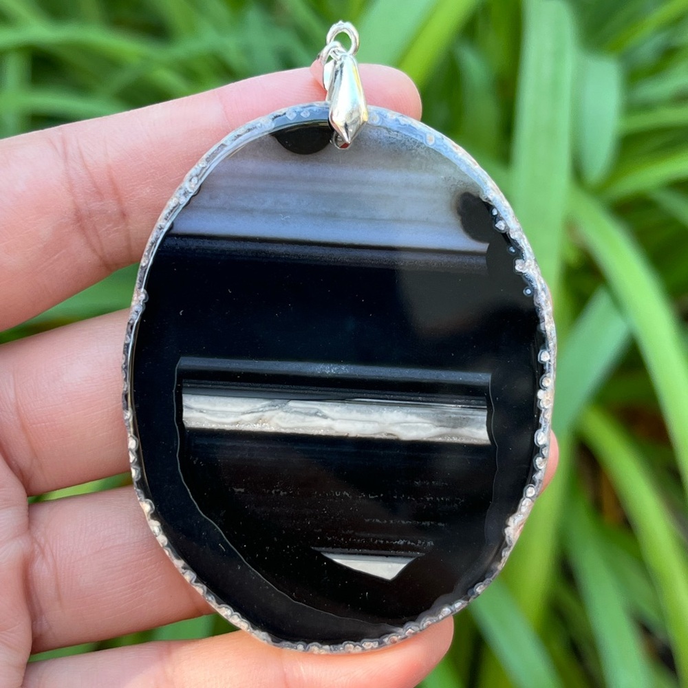 Sterling‎ silver 925 stamped large banded scenery black agate pendant 0027